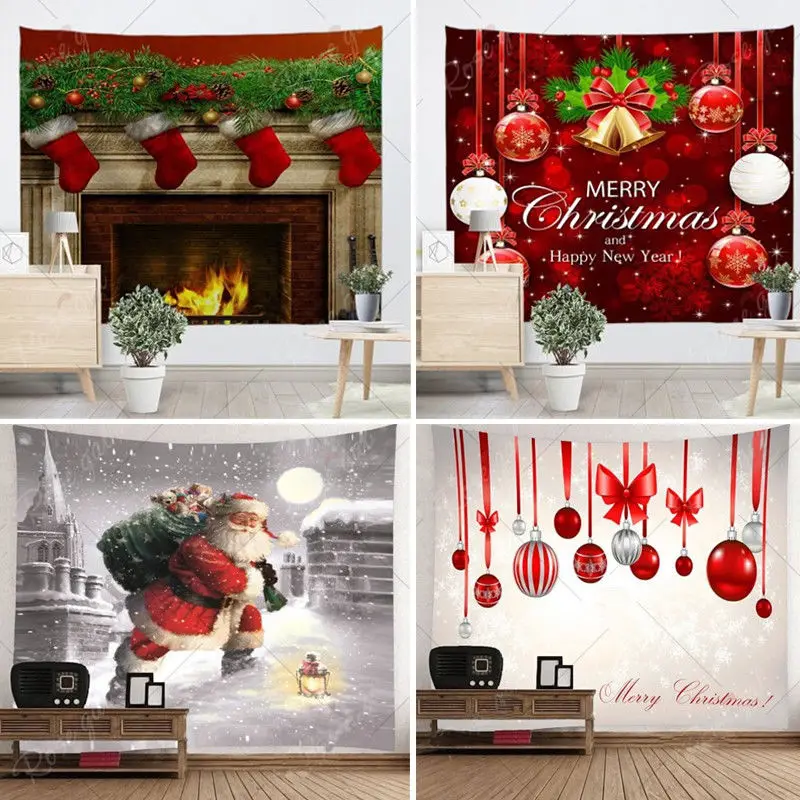 Рождественский гобелен для гостиной с изображением Санта-Клауса, снеговика, лося, оконный камин, Настенный декор