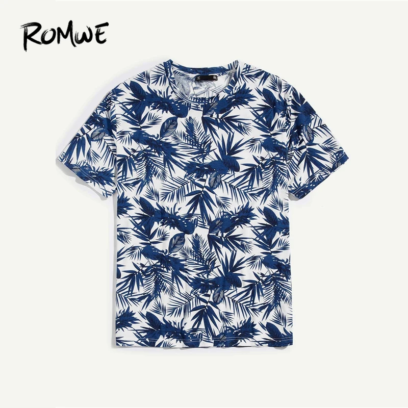 

ROMWE Men Palm Leaf Print T-Shirt 2019 Casual Summer Round Neck Mens T Shirts Basic Clothes Fashion Short Sleeve Top Tee