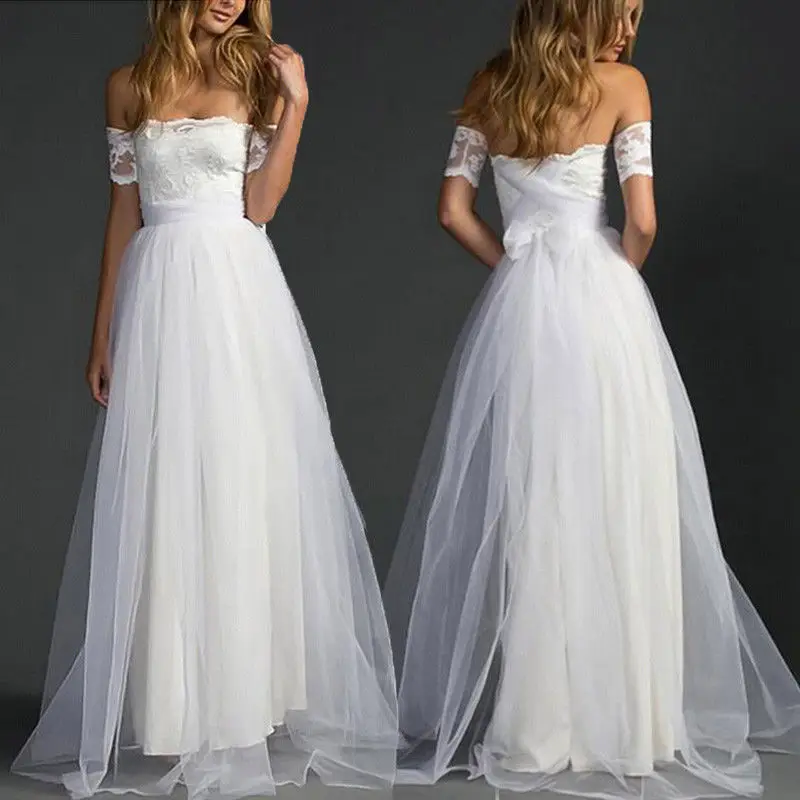 

HIRIGIN Newest 2018 Wedding Women Bridesmaid Long Night Party Ball Prom Gown White Formal Dress Slash Neck Off Shoulder Dresses