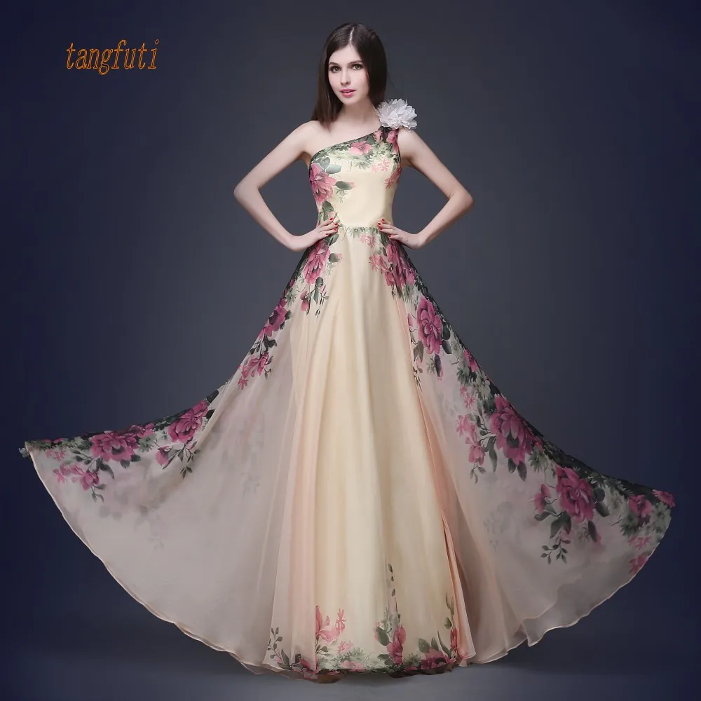 Длинное вечернее платье, шифоновые вечерние платья с цветочным принтом, Длинные вечерние платья трапециевидной формы - Цвет: One Shoulder Design