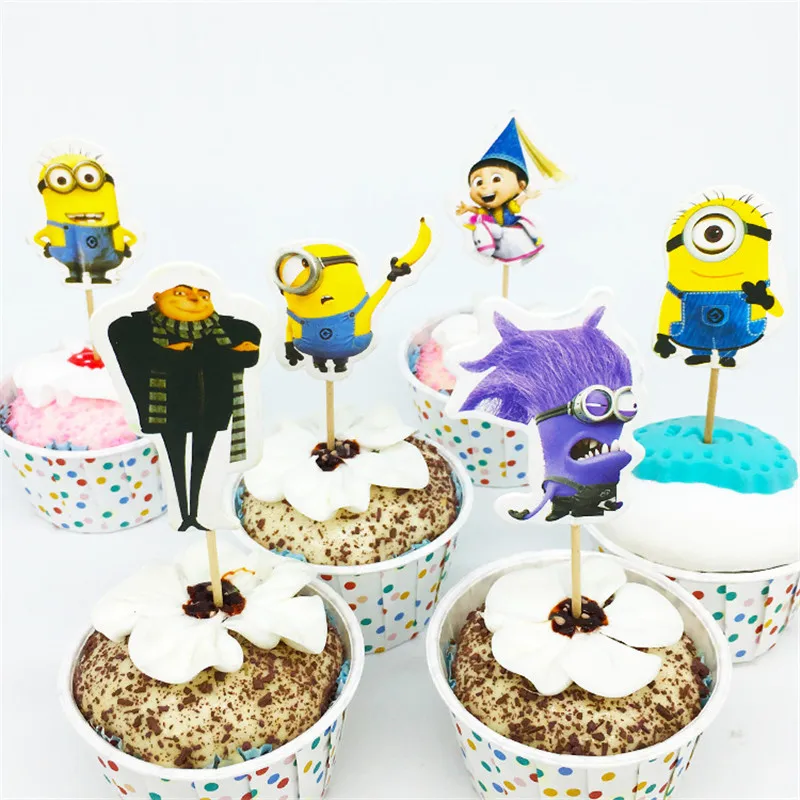 

24pcs Despicable me Cupcake Toppers Theme Party Ice Cream Cake Topper Cake Flags With Bamboo stick Birthday Party Supplies