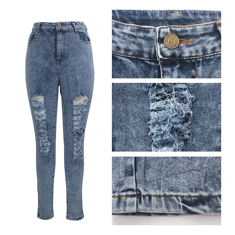 Серые Узкие рваные джинсы для женщин с высокой талией стрейч джинсы обтягивающие уличные вырезы повреждения Push Up джинсы деним