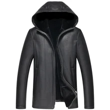 Leather Jacket Men Shearling Coat Black Leather Coat Genuine Leather Hooded Parka Luxury Outerwear TJ09