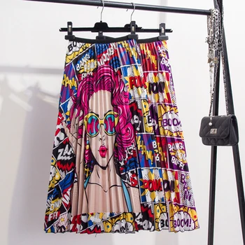 

2020 New Summer Fashion High Waist Pleated Skirt Women Midi Skirts Womens Elastic Waist A Line Long Red Print Skirts For Women