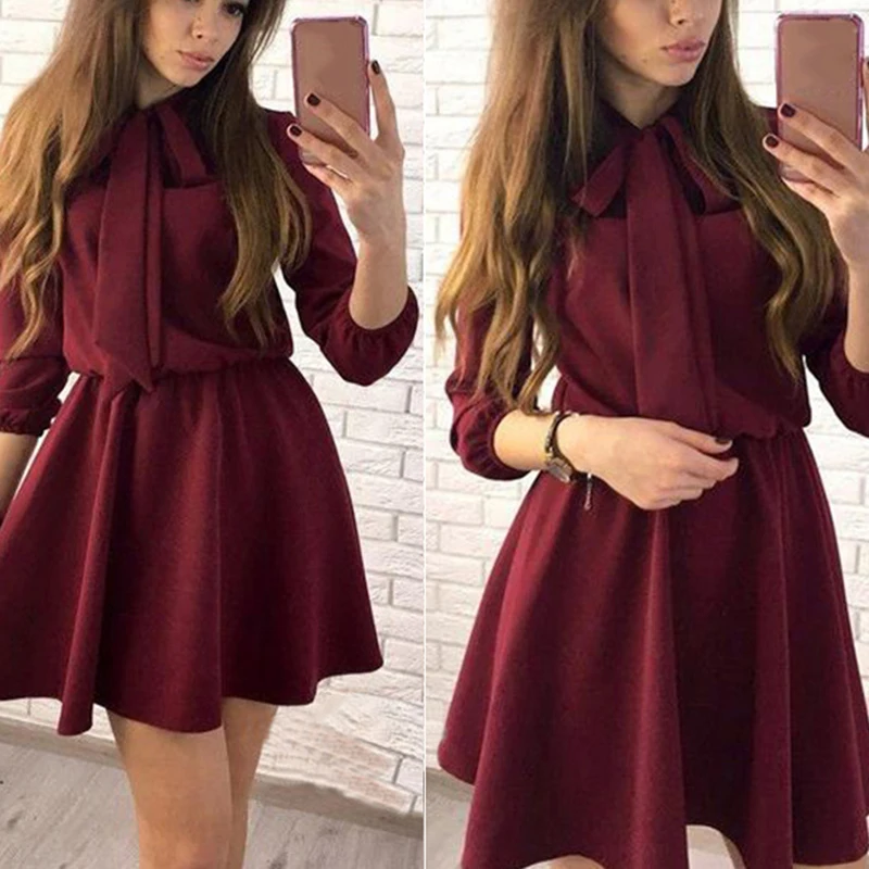 

Women Fashion Bowknot Collar Dress Causal Party Doll Sleeve A-line Solid Vintage Dress Spring Plus Size 3XL Women Mini Dresses