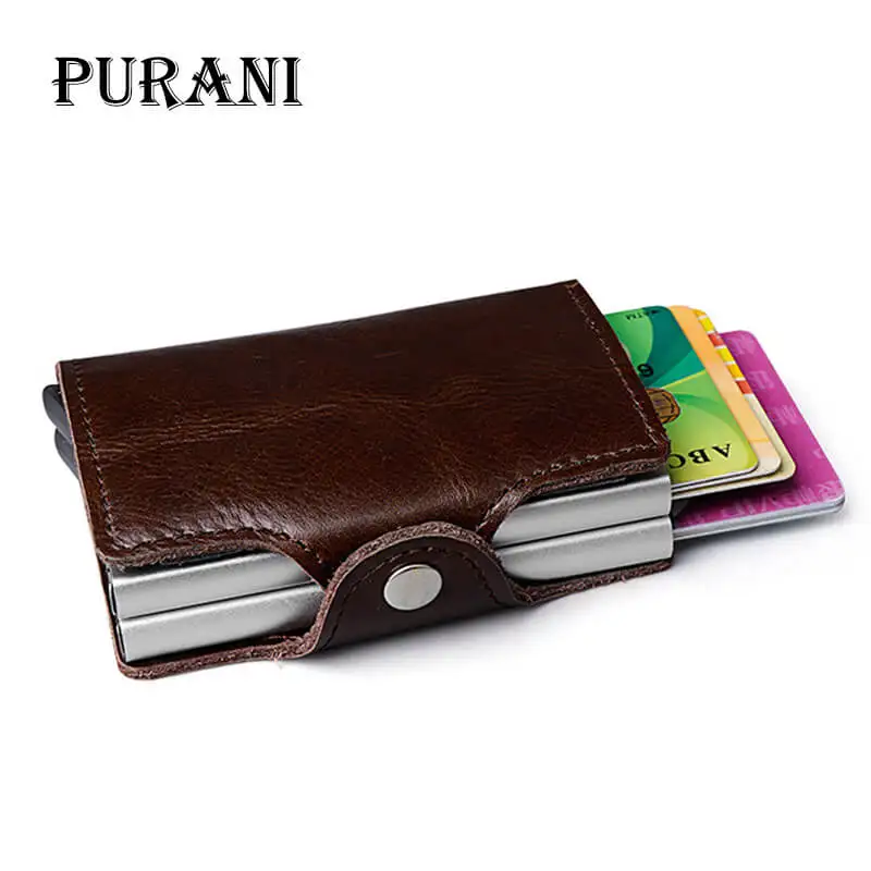 

PURANI Men Genuine Leather double Metal Credit Card Holder Aluminium RFID Blocking Wallet Hasp Mini Vintage Wallet Hold Cards ID
