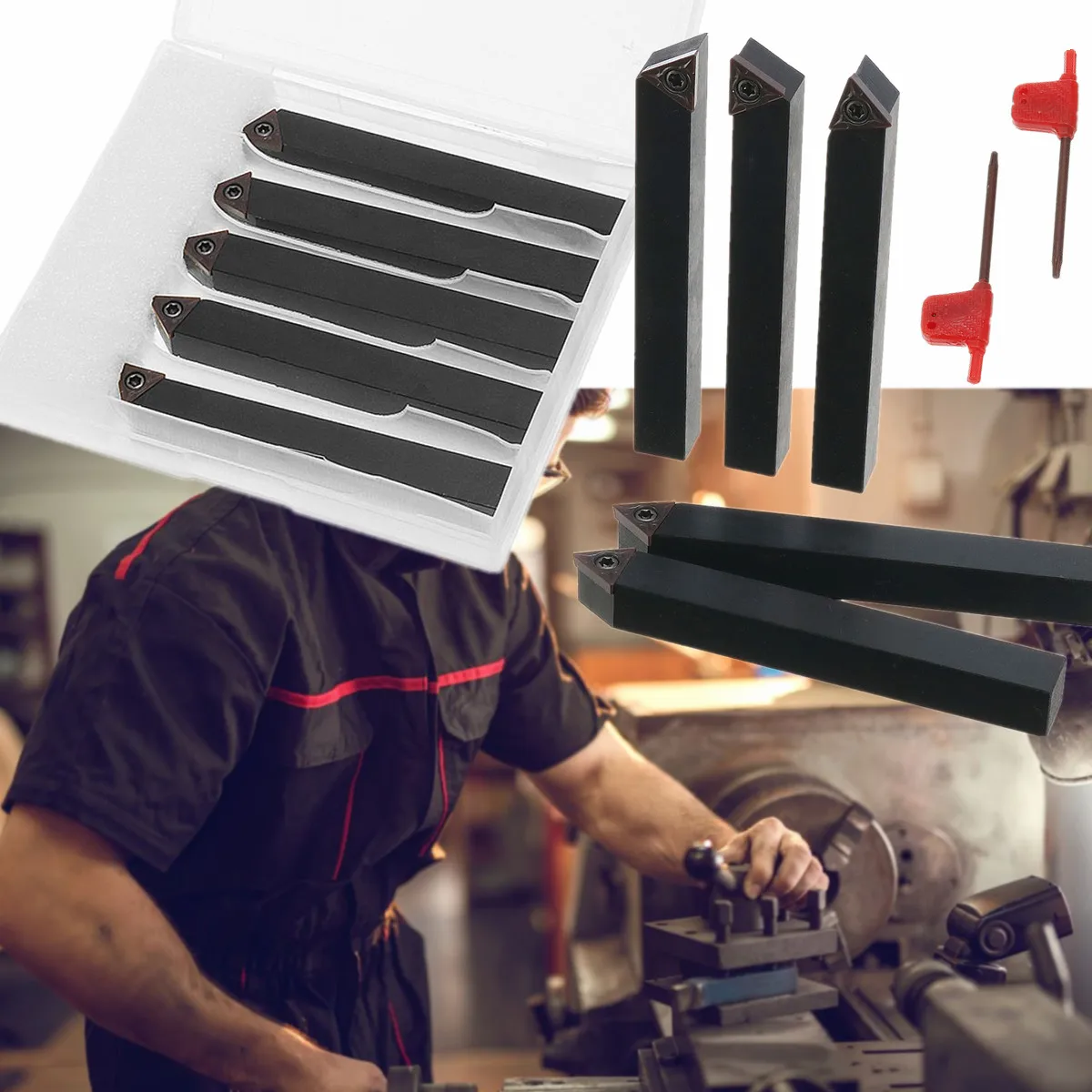 

5pc 3/8" Shank Width Indexable Carbide C6 Insert Tool Drill Bit Holder Mini Lathe Set Power Tool Set