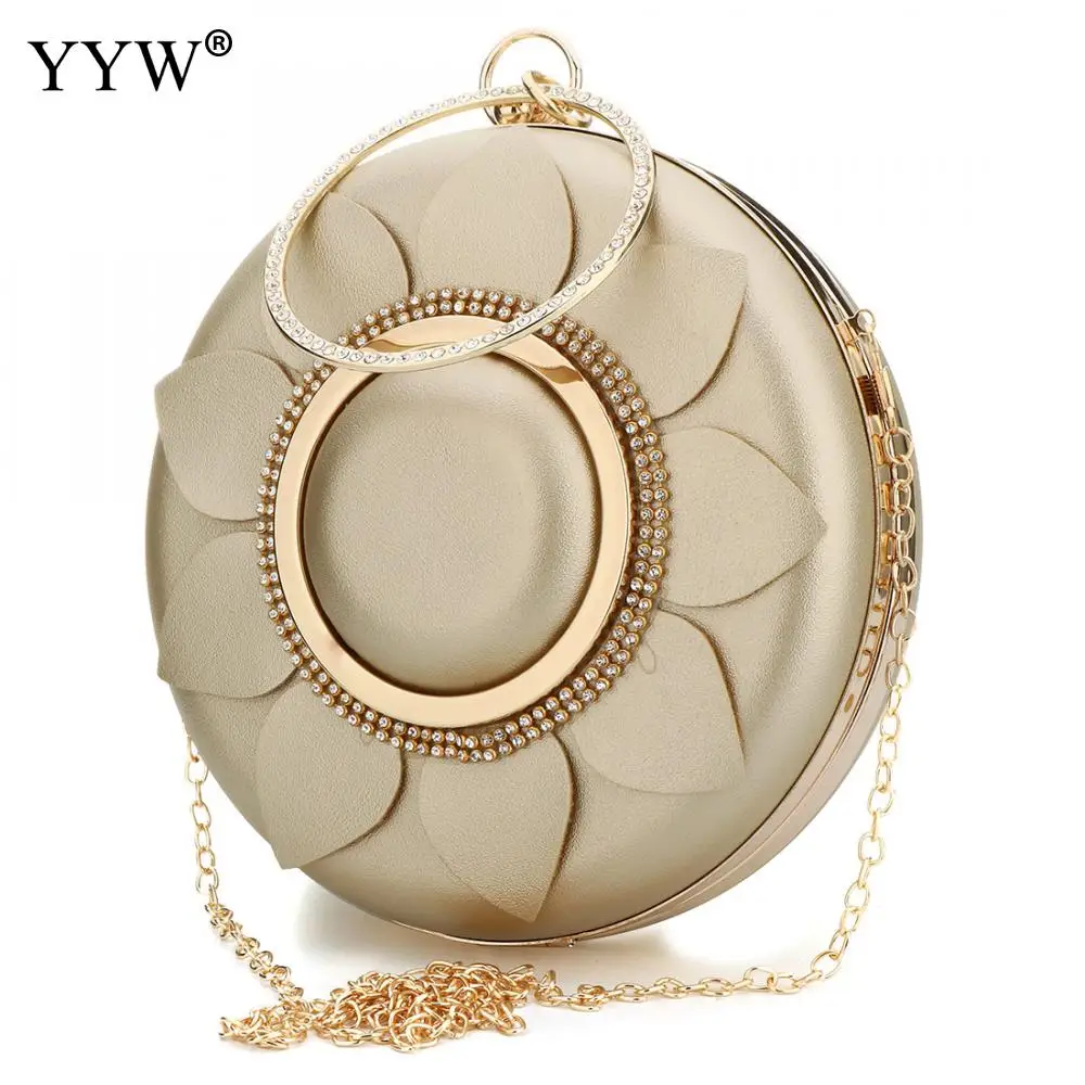 

Famous Fashion Female Wristlets Bag Gold PU Leather Women Handbags Silver Circular Bag Black Shoulder Crossbody Bags Evening Bag