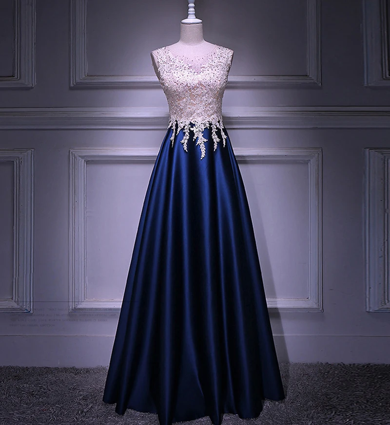 Navy Blue Satin Sleeveless Long Prom Dress Navy Blue Satin Sleeveless Long Prom Dress