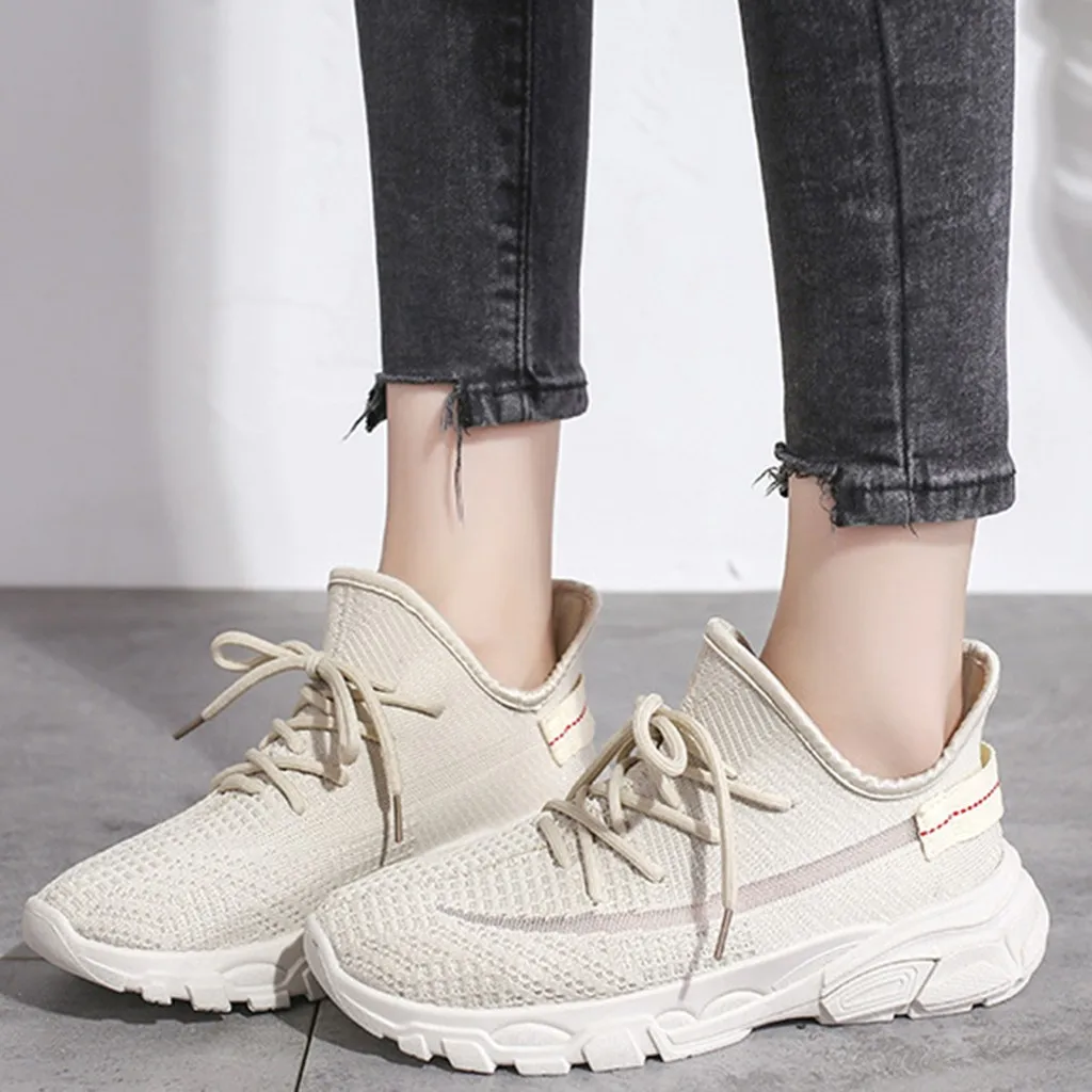 

Women Sneakers Woven Running Mesh Lace-Up Casual Breathable off white Shoes Flying Lace-Up Sewing Wedges Zapatos Mujer sandals