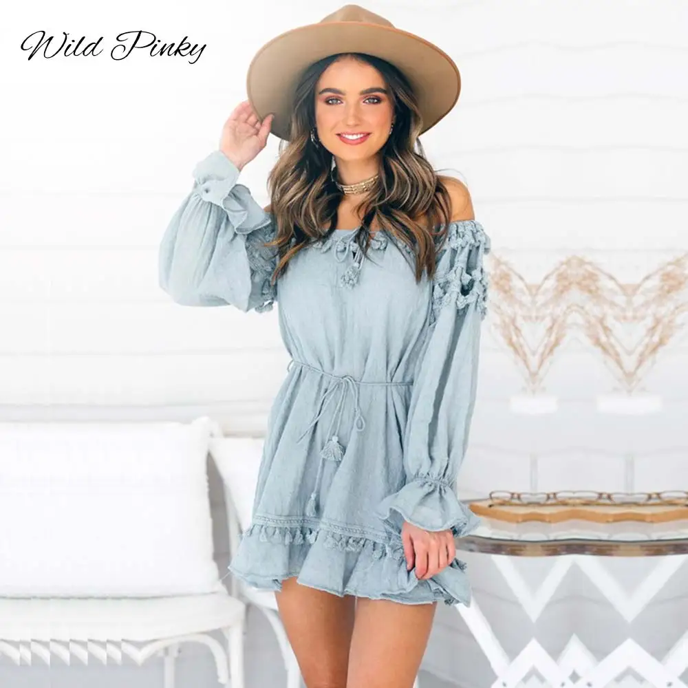 

WildPinky Boho Cotton Ruffles Lace Up Off Shoulder Women Dress Summer Long Flare Sleeve Vintage Dress Short Tassel Dress Vestido