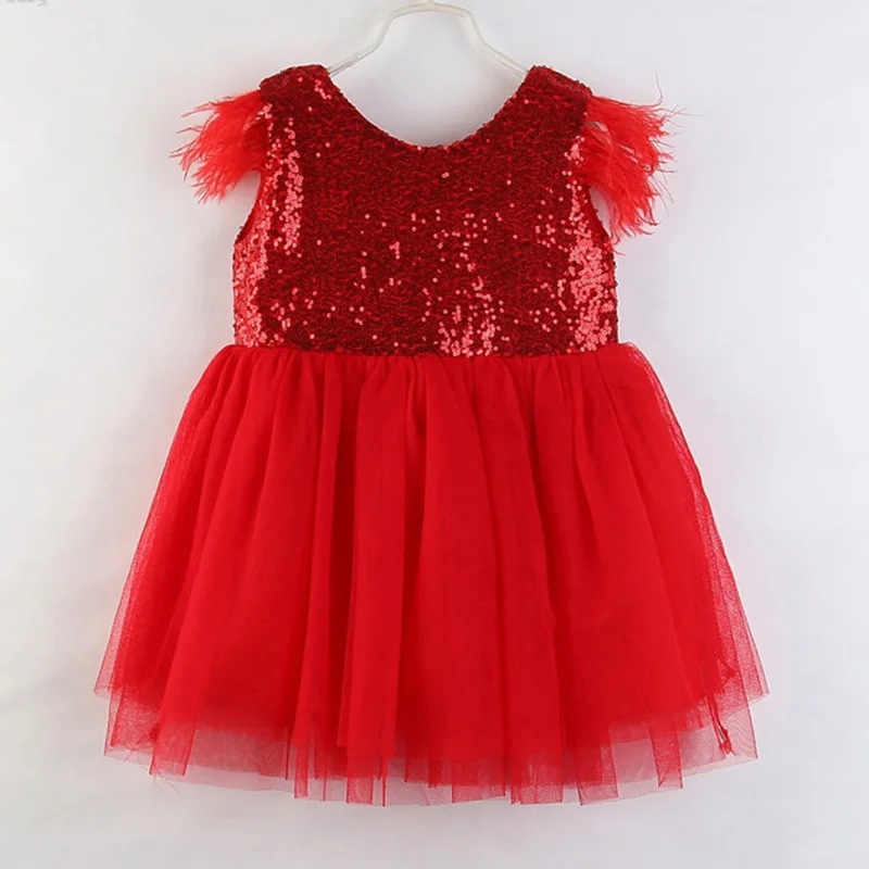 Детская одежда принцессы; вечерние платья для малышей; платье без рукавов с перьями; платье принцессы; детское платье с блестками - Цвет: az1947 red