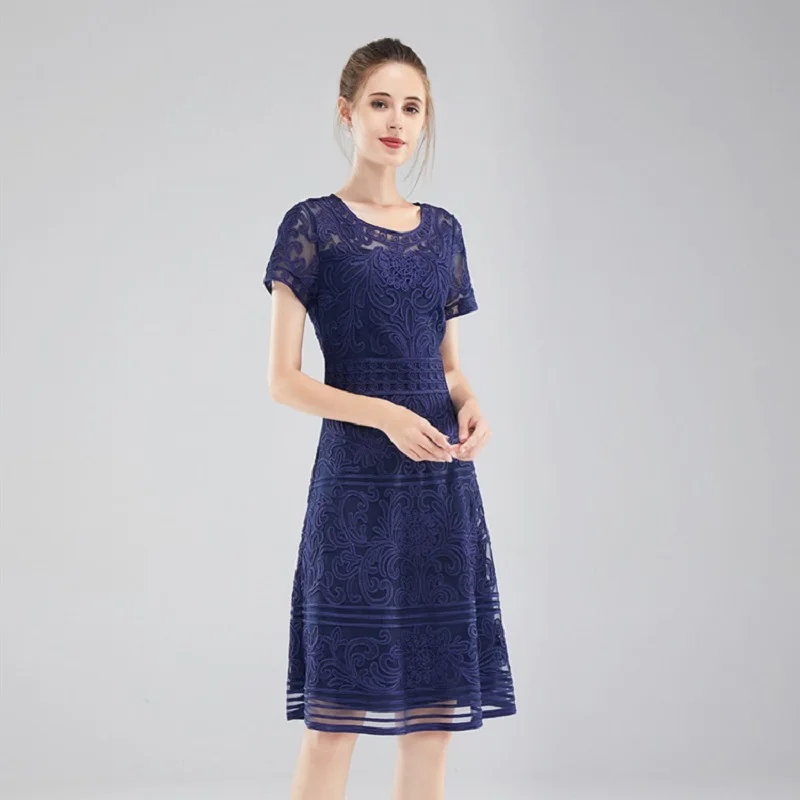 4XL платье Vestido летние модные вечерние платья розового и темно-синего цвета женские винтажные Ретро платья с круглым вырезом и вышивкой