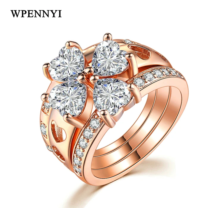 

18K Gold Plated Three-in-one Austrian Zircon and Rhinestone Four Leaves Clover Design Lady Finger Ring Wholesale
