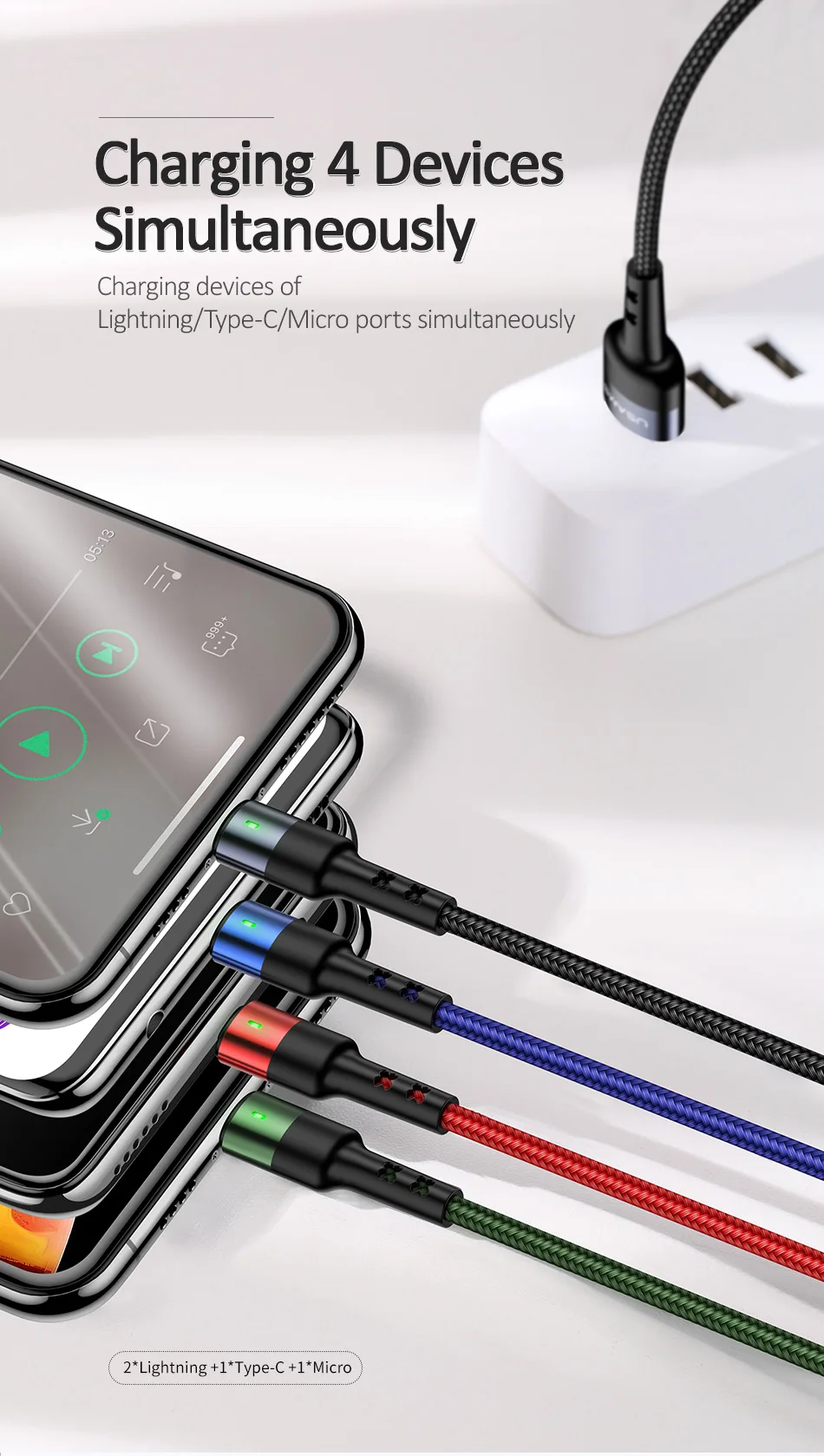 USAMS 4 в 1 мульти usb зарядное устройство кабель для iPhone samsung huawei xiaomi зарядный кабель для lightning micro usb type c кабель Android