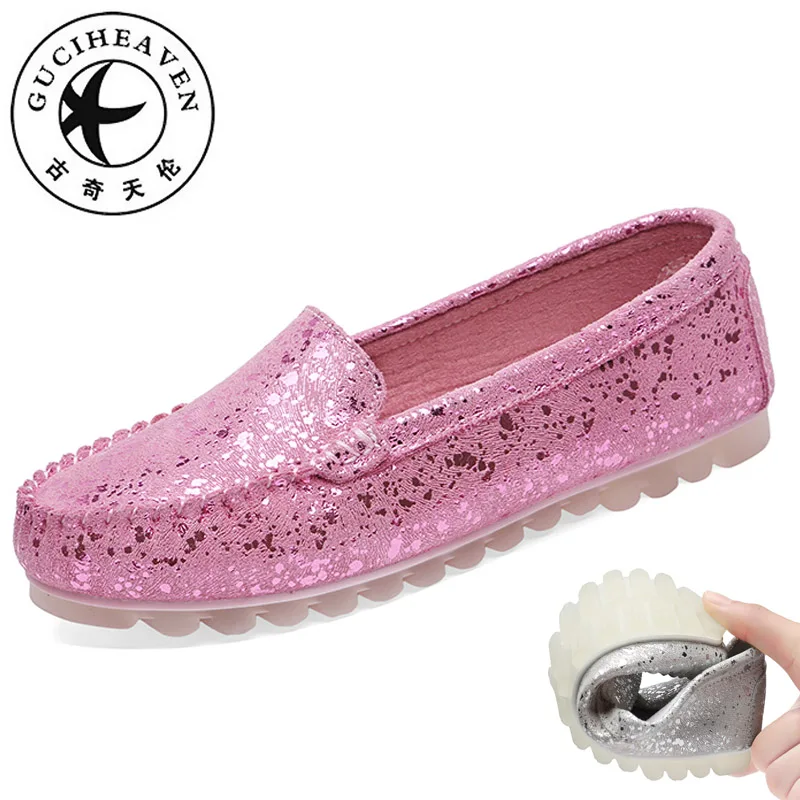 

Guciheaven Soybean Women Casual Flats Doug Shoes Soft Sole Casual Candy Sweet Ladies Patent Cow Suede Bling Lealher Sneaker