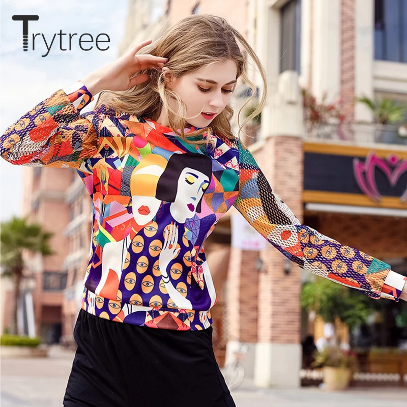 Trytree الربيع الصيف النساء بلوزات الشارع الشهير البوليستر س الرقبة البلوفرات الجوف خارج كامل كم عارضة قمم بلوزات Trytree الربيع الصيف النساء بلوزات الشارع الشهير البوليستر س الرقبة البلوفرات الجوف خارج كامل كم عارضة قمم بلوزات