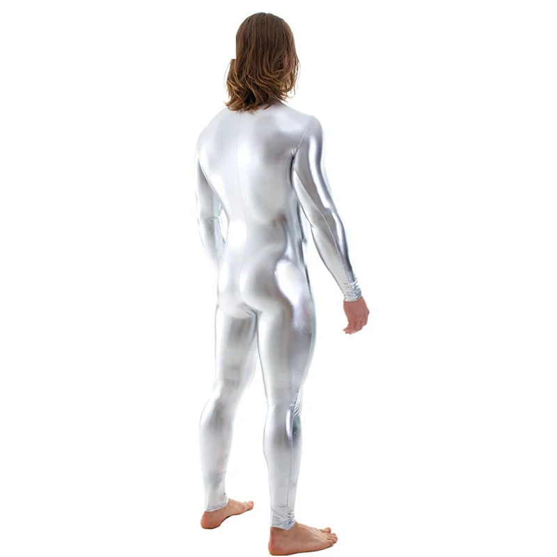 Men Latex Suit Black Shiny Metallic Tights Gold Zentai Suit Full Body Unitard Skin Bodysuit Zipper Front