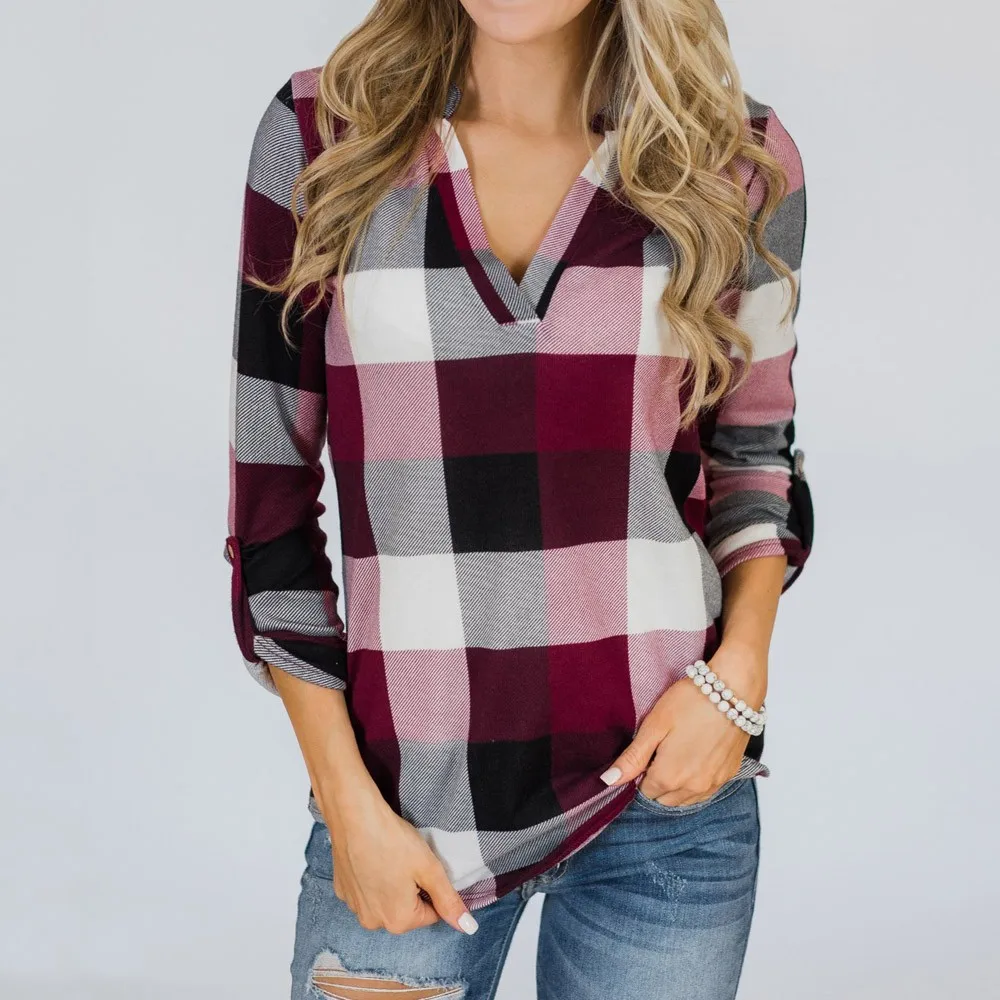 

Fashion Casual Plaid Shirt Women Roll Up Long Sleeve V Neck Blouse Ladies Loose Button Lattice Print Blouse Work Wear Tops