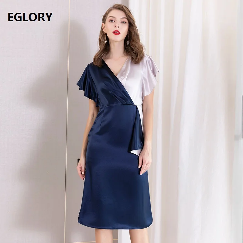 

Top Quality New 2019 Summer Fashion Party Cocktail Women Dresses V-Neck Butterly Sleeve Color Block Patchwork Bodycon Dress Midi