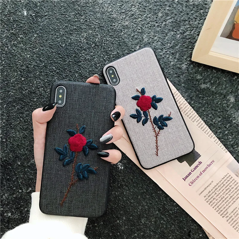 Чехол с вышитыми красивыми розами для iPhone X 6s 6 7 8 Plus XR XS Max Ультратонкий тканевый