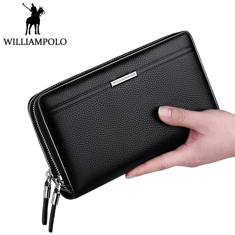 

2018 Double Zipper Wallets Genuine Leather Clutch Bag Men Business Handbag PHONE Organizer Wallet Handy Purse