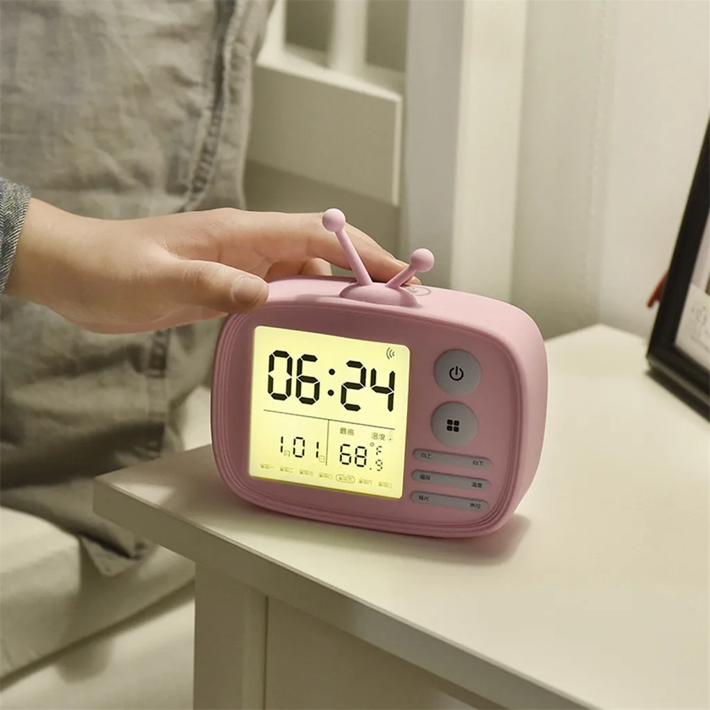 

Cute Digital LED TV Set Alarm Clock With Snooze Wake Up USB Rechargeable Battery Change Desk Modern Style Clock LED Change MAR8