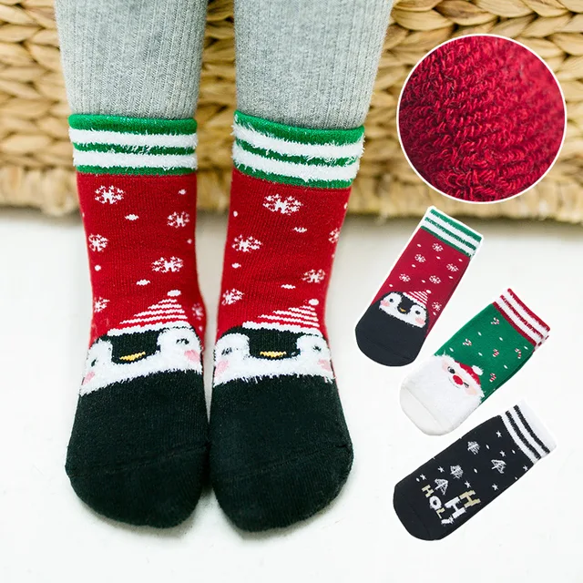 Winter New Christmas 3 Pairs Children’s Striped Rib Top Thick Terry Socks Kids Boys Girls Short Tube Leg Warm