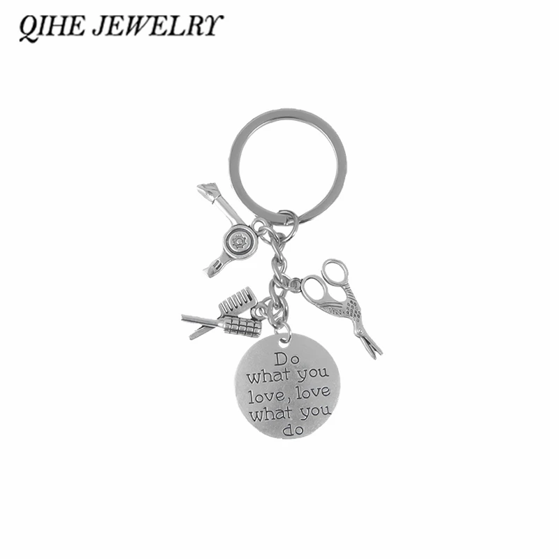 

QIHE JEWELRY Silver Keychain Keyrings "Do what you love,Love what you do " Barber and hair stylist tool charm