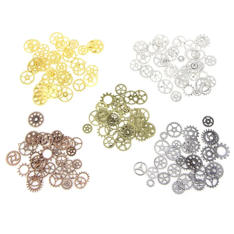 110g(about67pcs)/lot Wheel Charms Pendant Sets for DIY Pendant Accessories Jewelry Steampunk Vintage Metal Mixed Gears Cog