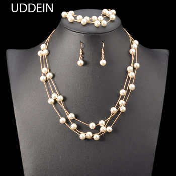 

UDDEIN Nigerian Wedding Indian Jewelry Sets Simulated Pearl Necklace Earrings Bracelet set Accessories Statement Choker necklace