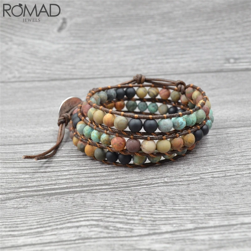 

ROMAD Handmade Boho Leather Bracelet Braid Mixed Natural Stones Charm Bracelets Party Birthday Jewelry Dropshipping R3