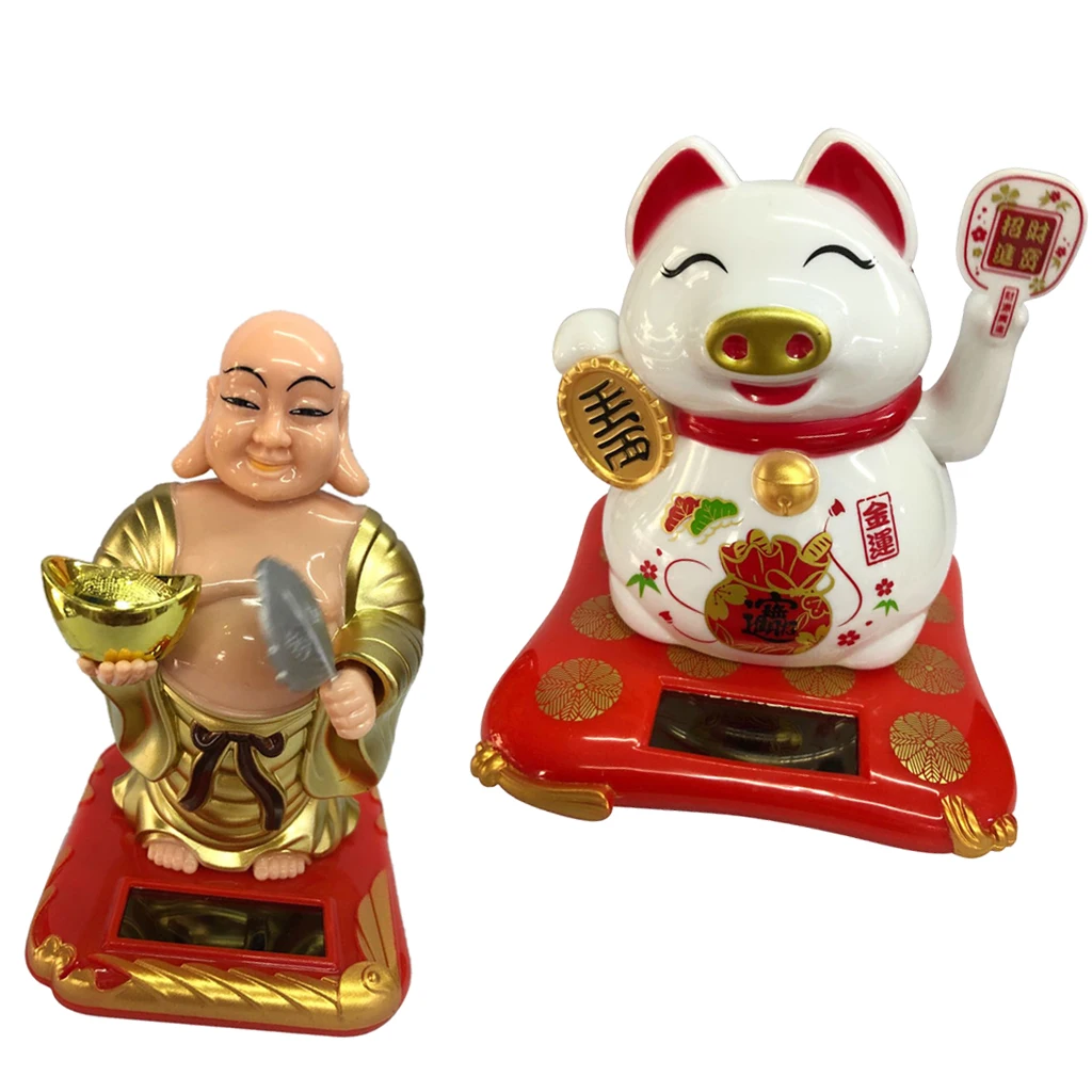 Solar Powered Lucky Beckoning Waving Pig Lucky Money Pig &Shaking Buddha for Home Office and Car décor -54x3.54x3.94inch