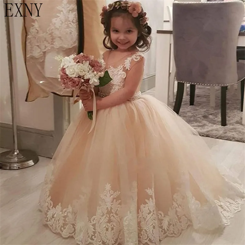 

EXNY Champagne Flower Girl Dresses For Wedding Custom Made 2019 Hot Pageant Dress Lace Appliques Party Gowns