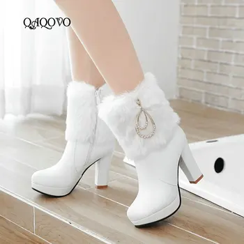 

Women Fashion Boots Square High Heel Ankle Boots Platform Zipper Autumn Winter Shoes Woman 2018 White Black Pink Apricot