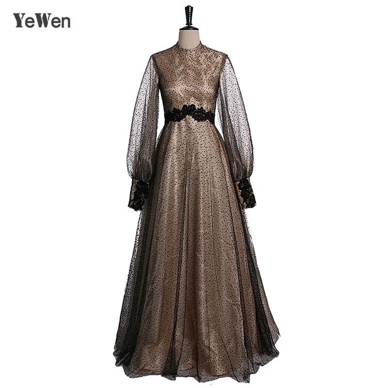 Muslim 2019 Points Black Champagne Evening Dresses Long Sleeve Lace Prom Dress Formal Gowns Elegant For Women YW8023 Muslim 2019 Points Black Champagne Evening Dresses Long Sleeve Lace Prom Dress Formal Gowns Elegant For Women YW8023