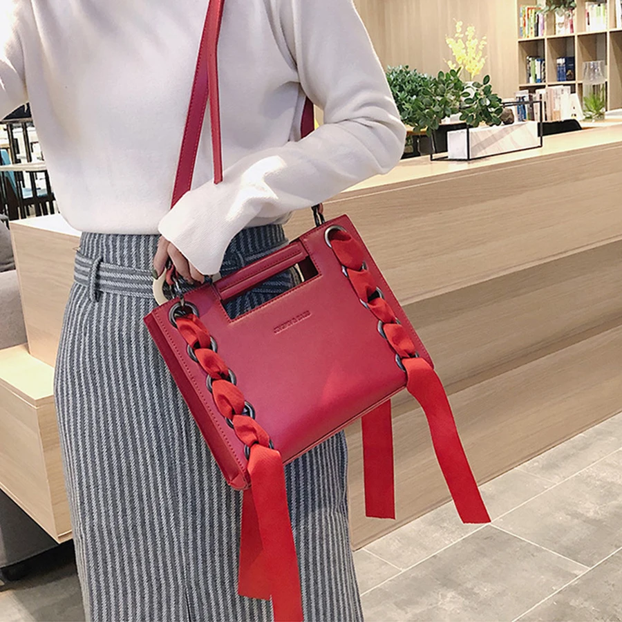 Tanie Pu jednolity kolor torebki damskie moda wstążka torby Crossbody dla kobiet duża pojemność skórzane torebki damskie torebki damskie na ramię