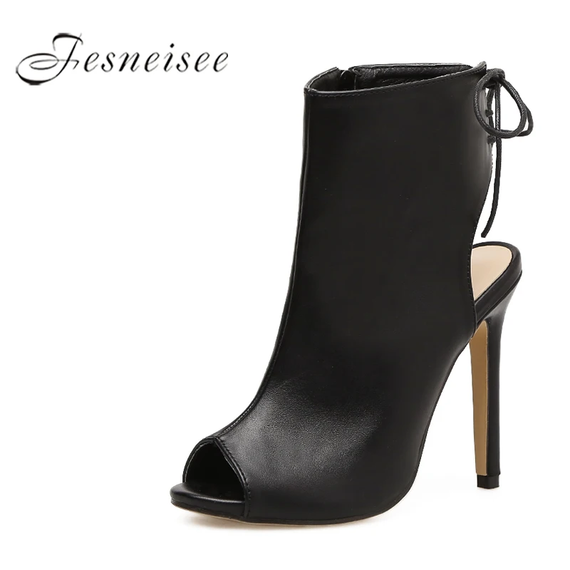 

FESNEISEE New Women Shoes Fashion Ankle Boots Peep Toe Thin Heels 2018 Spring boots Soft Genuine Leather Band Women Sandals