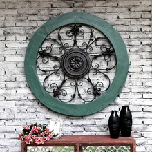 Creative Retro design style home solid wood Iron embossed flowers large round wall decorated decorative wall pendant