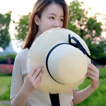 

Big Bow Beach Caps 2016 New Korean Style Summer Bowknots Lady Women Straw Basin Hat Bucket Caps Sun shading Hats straw hat