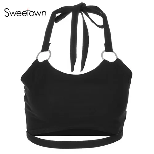 Sweetown, сексуальный укороченный топ на шнуровке, черный, открытая спина, Harajuku, уличная одежда, обрезанный, летний, бандажный, короткий топ без косточек - Цвет: black