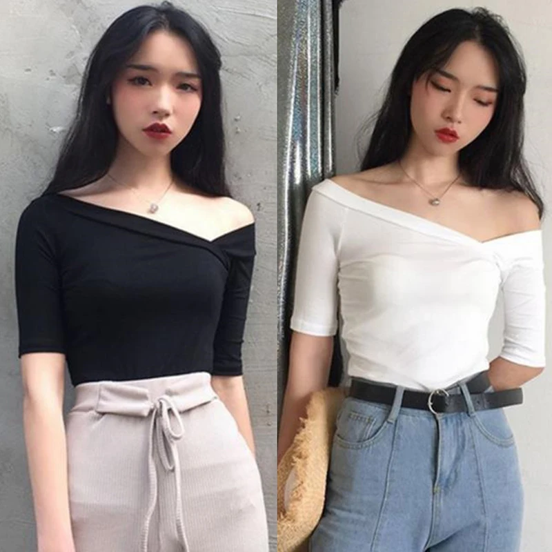 قبالة الكتف ضئيلة قمم Womem T قمصان نصف كم الصلبة منحرف V الرقبة تي شيرت النساء الملابس أزياء صالح سليم المحملة