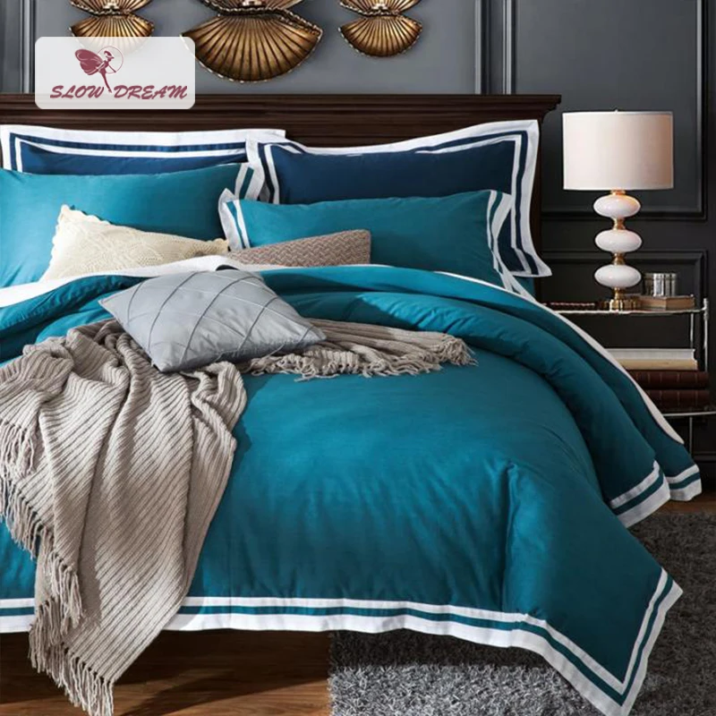 SlowDream Light luxury Lake Blue Bedding Set White Edging Design Duvet Cover Set 100 Cotton Bed
