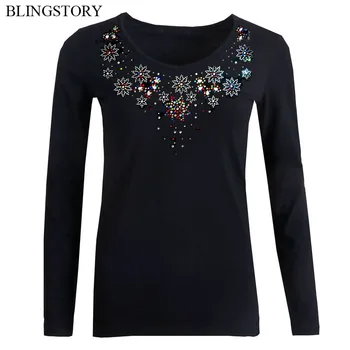 

BLINGSTORY Autumn V-neck Women Tops Long Sleeve Cotton Bead Flower T Shirts Big Size 5XL Diamond Basic Tee LP5319017