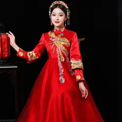 Свадьба cheongsam Традиционный китайский платье невесты древних брак костюм платье Одежда Женская Вышивка Феникс красный Qipao