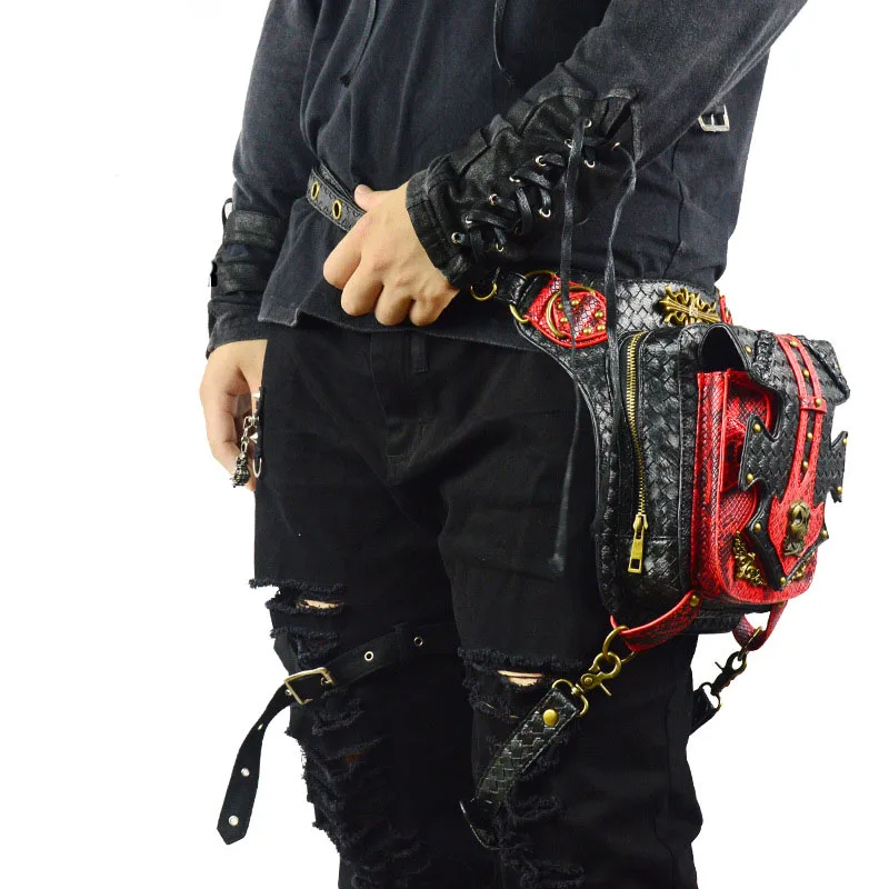 

New PU Leather Steam Punk Retro Rock Gothic Shoulder Bags Unisex Leather Waist Fanny Pack Shoulder Bag For Travel Bicycle