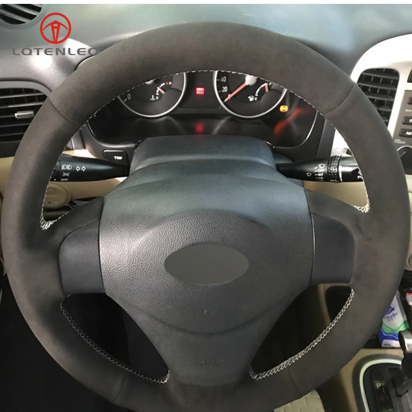 

LQTENLEO Black Suede DIY Hand-stitched Car Steering Wheel Cover for Hyundai Accent Hyundai Getz Kia Rio 2005-2009