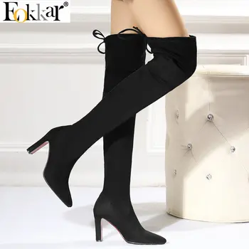 

Eokkar 2020 Women Over The Knee High Boots Warm Inside Winter Boots Square High Heel Pointed Sexy Flock Lady Boots Size 34-43