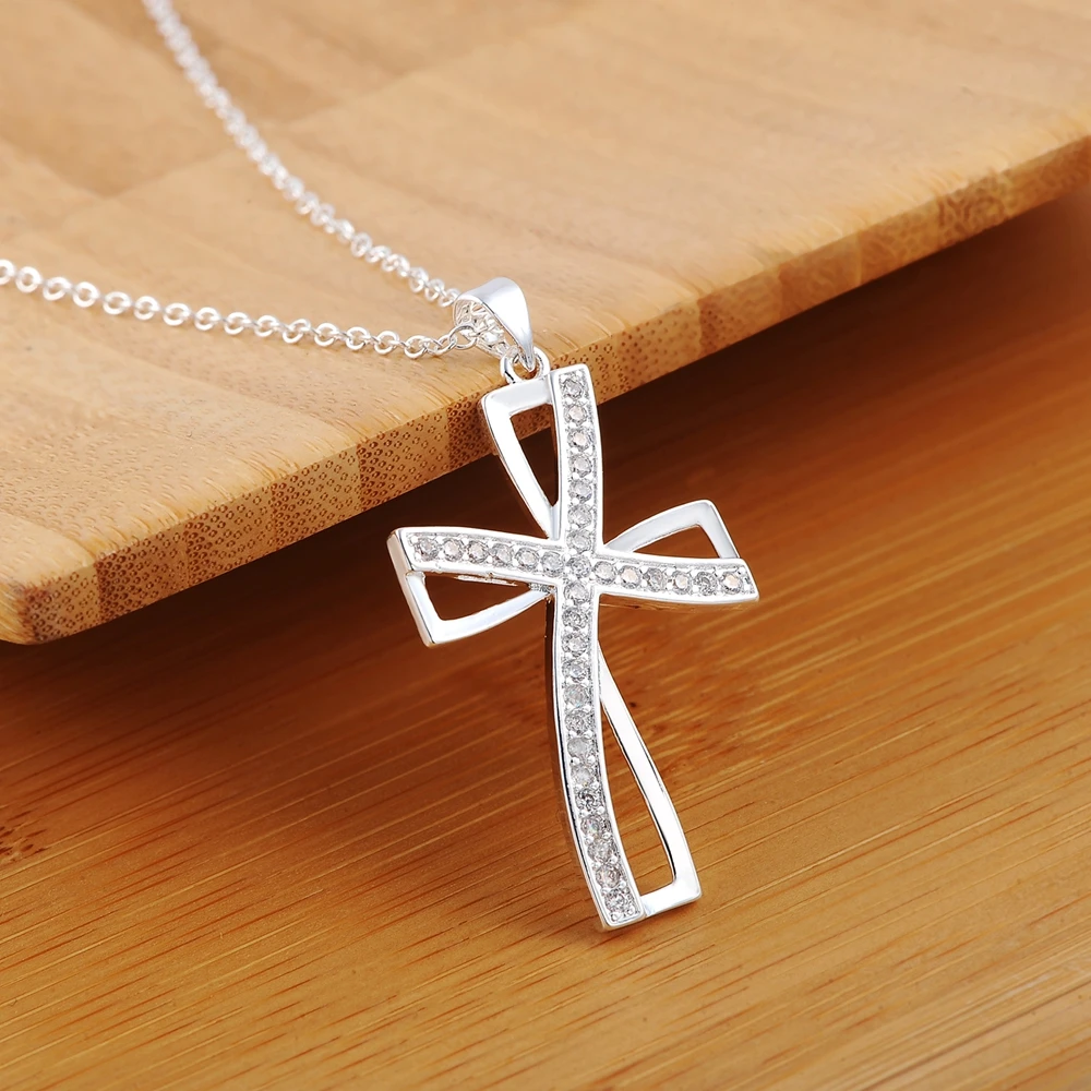 Серебряное ожерелье, ювелирное изделие, женская свадебная мода, крест, CZ, хрустальный кулон с циркониевым камнем, ожерелье, Рождественский подарок JSHN296