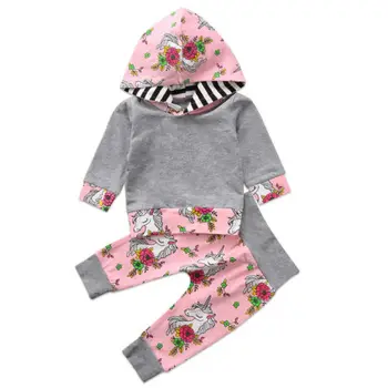 

Striped Hooded Baby Girl Unicorn Top T-shirt Long Pants Outfit Floral Clothes 2Pcs/Set Toddler Baby Clothing Sets